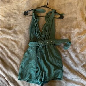 Brand New. Forest Green V-Neck belted Short Romper